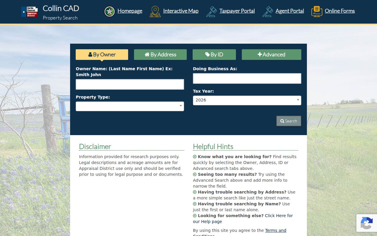 Prosper residents directory Collin CAD property search fields