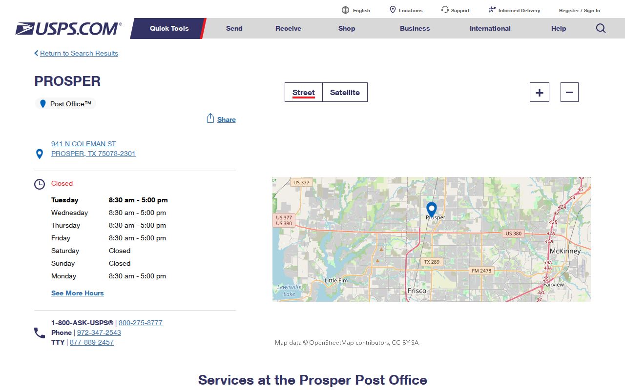 Prosper ZIP code directory view of the Prosper Post Office listing